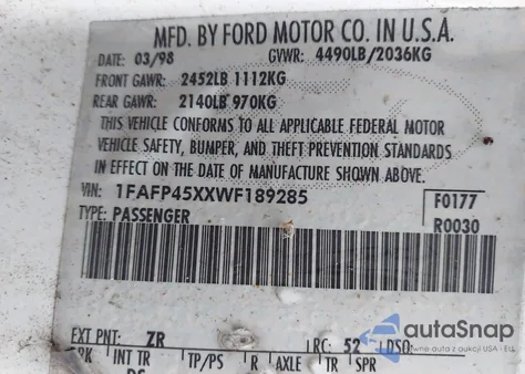 1998 Ford Mustang Gt из США, поврежденный, VIN 1FAFP45XXWF189285